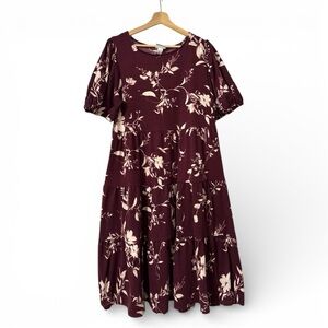 Ava & Viv plus size burgundy dark red floral short sleeve midi dress puff sleeve
